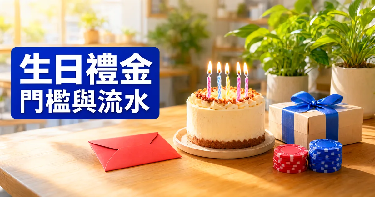 陽光照進咖啡館，木桌上有插著蠟燭的生日蛋糕、紅包、綁藍緞帶的禮物盒和紅藍籌碼，左側藍色大標題寫著「生日禮金」與「門檻與流水」