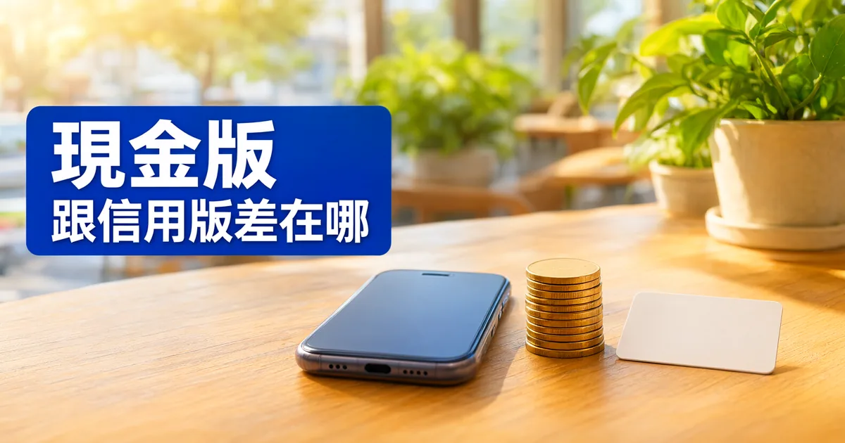 陽光照進的咖啡館木桌上，放著一支手機、一疊金幣和一張空白卡片，左側藍色大標題寫著「現金版」與「跟信用版差在哪」