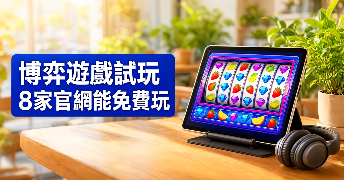 陽光照進咖啡館,木桌上的平板顯示寶石與水果圖案的電子遊戲,旁邊有耳機和盆栽,左側藍色大標題寫著「博弈遊戲試玩」與「8家官網能免費玩」