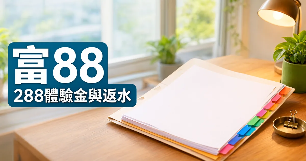 窗邊木桌上放著一個夾滿彩色索引標籤的文件夾、一盞桌燈和一盤迴紋針，左側深藍綠色標題寫著「富88」與「288體驗金與返水」