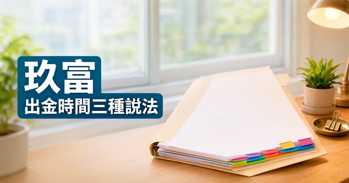 窗邊木桌上放著一個夾滿彩色索引標籤的文件夾、一盞桌燈和一盤長尾夾，左側深藍綠色標題寫著「玖富」與「出金時間三種說法」