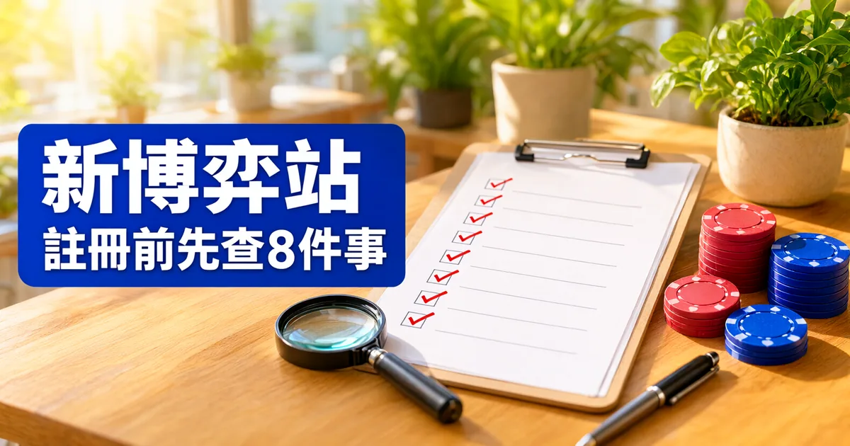 陽光下的木桌上有一塊打勾清單夾板、一個放大鏡、一支筆和紅藍籌碼,左側藍色大標題寫著「新博弈站」與「註冊前先查8件事」