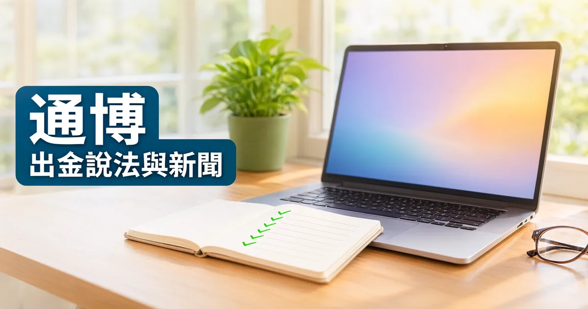 窗邊木桌上有一台打開的筆電、一本打勾清單筆記本和一副眼鏡，左側深藍綠色標題寫著「通博」與「出金說法與新聞」