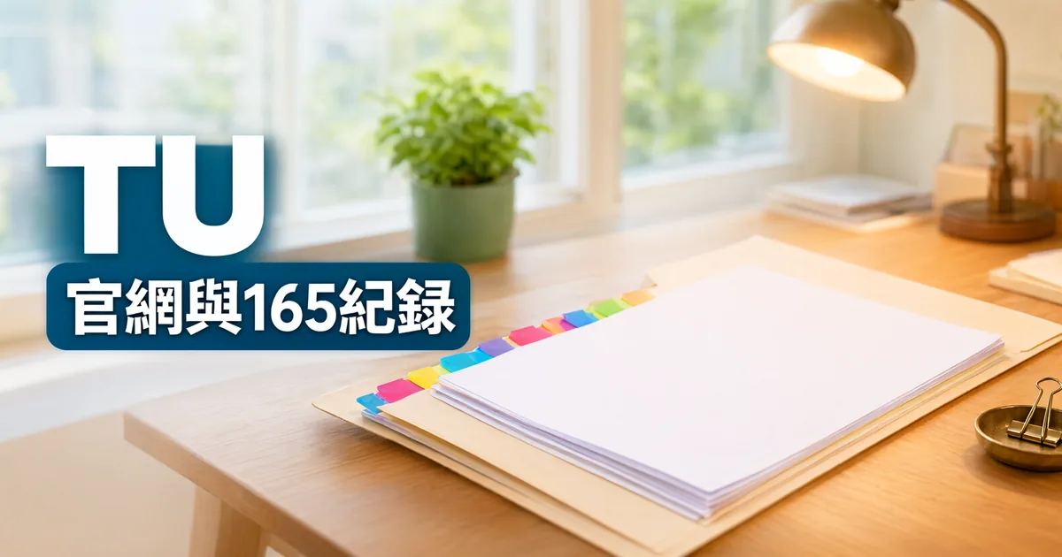 窗邊木桌上放著一個夾滿彩色索引標籤的文件夾、一盞桌燈和一盤長尾夾,左側深藍綠色標題寫著「TU」與「官網與165紀錄」