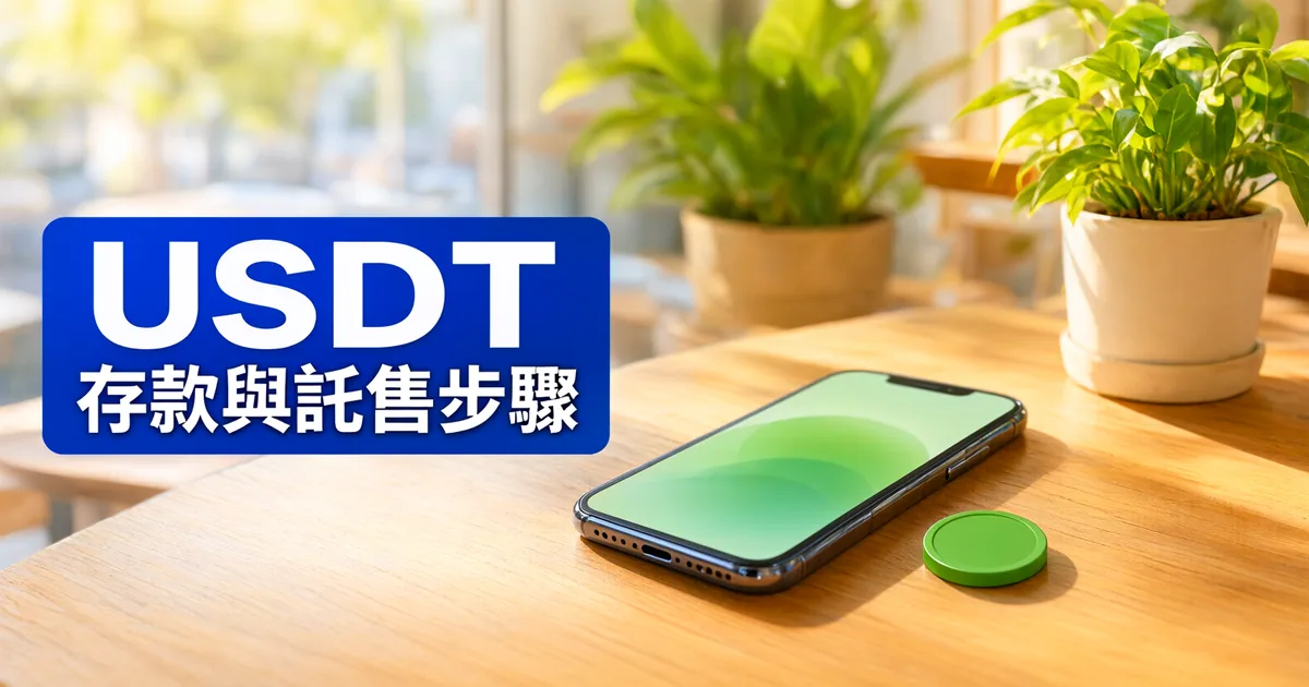 陽光下的咖啡館木桌上，放著一支綠色漸層螢幕的手機和一枚綠色代幣，左側藍色大標題寫著「USDT」與「存款與託售步驟」