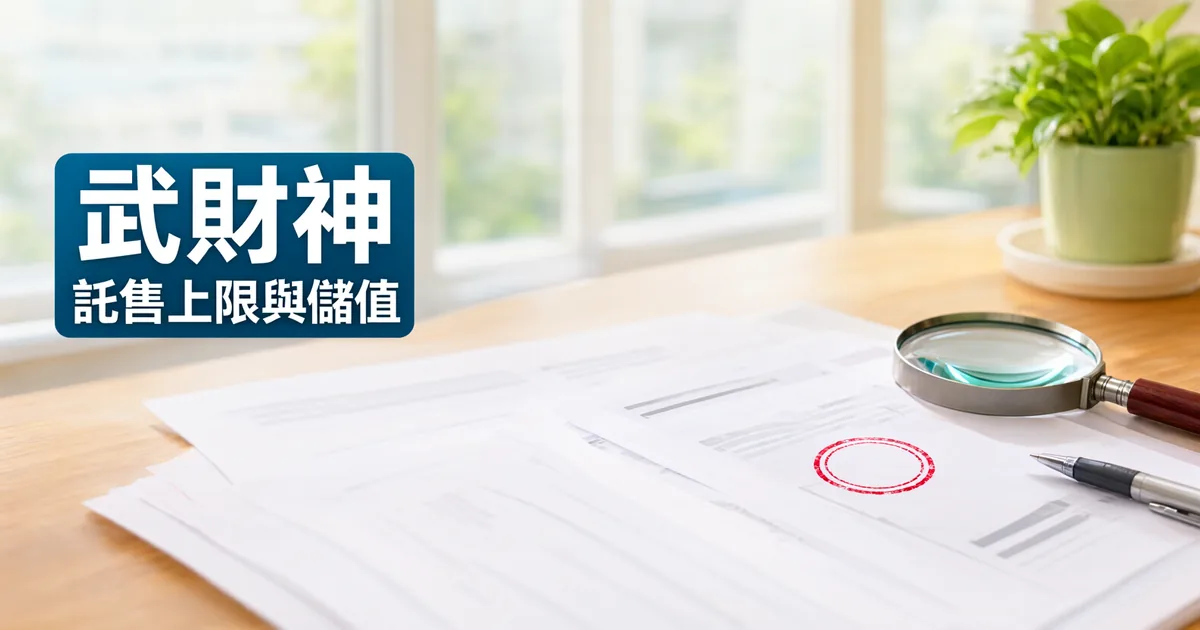 窗邊木桌上攤著網頁列印稿，上面放著放大鏡、一支筆和一個紅色圓形印記，左側深藍綠色標題寫著「武財神」與「託售上限與儲值」