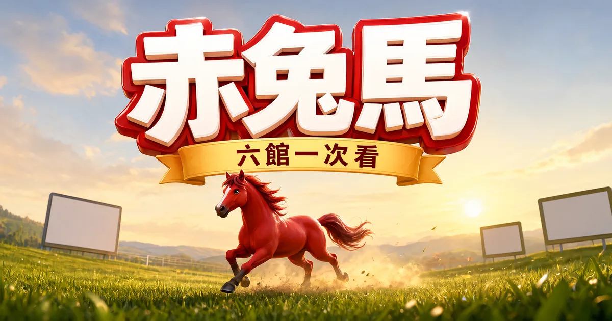 赤兔馬封面：夕陽草原上奔跑的紅色駿馬，上方是立體大字「赤兔馬」和緞帶「六館一次看」