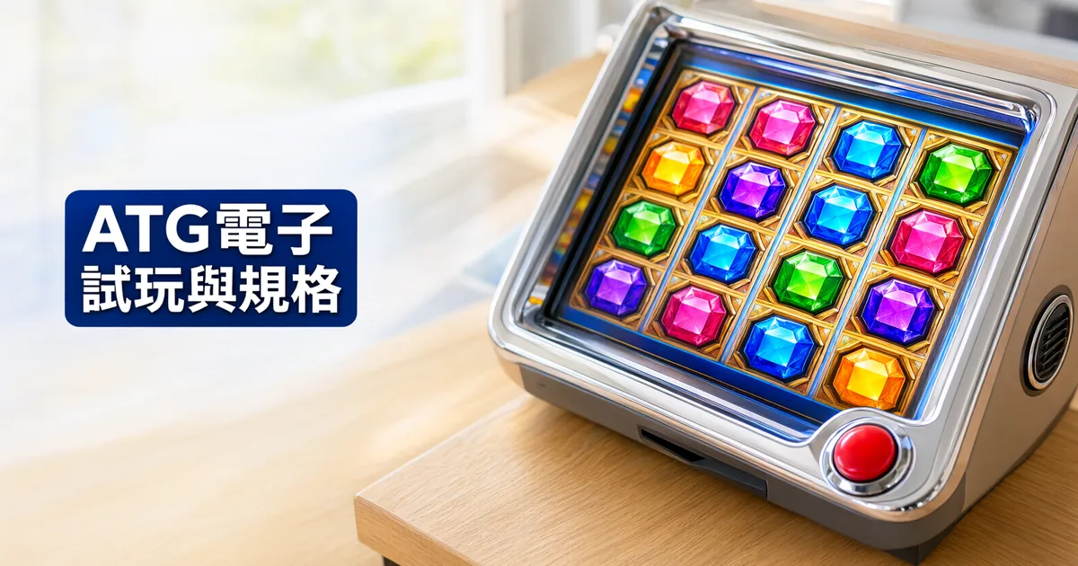 木桌上一台螢幕排滿彩色寶石圖案的電子遊戲機,左側標題寫著「ATG電子」與「試玩與規格」