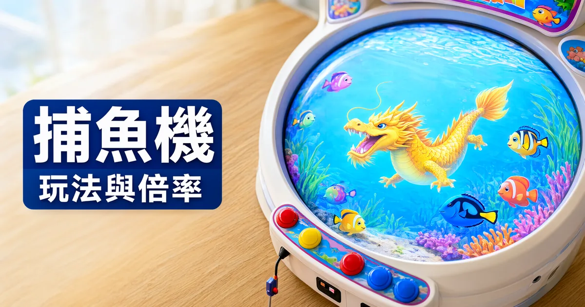 圓形捕魚機的螢幕裡有金色的龍和熱帶魚,下方一排彩色按鈕,左側標題寫著「捕魚機」與「玩法與倍率」