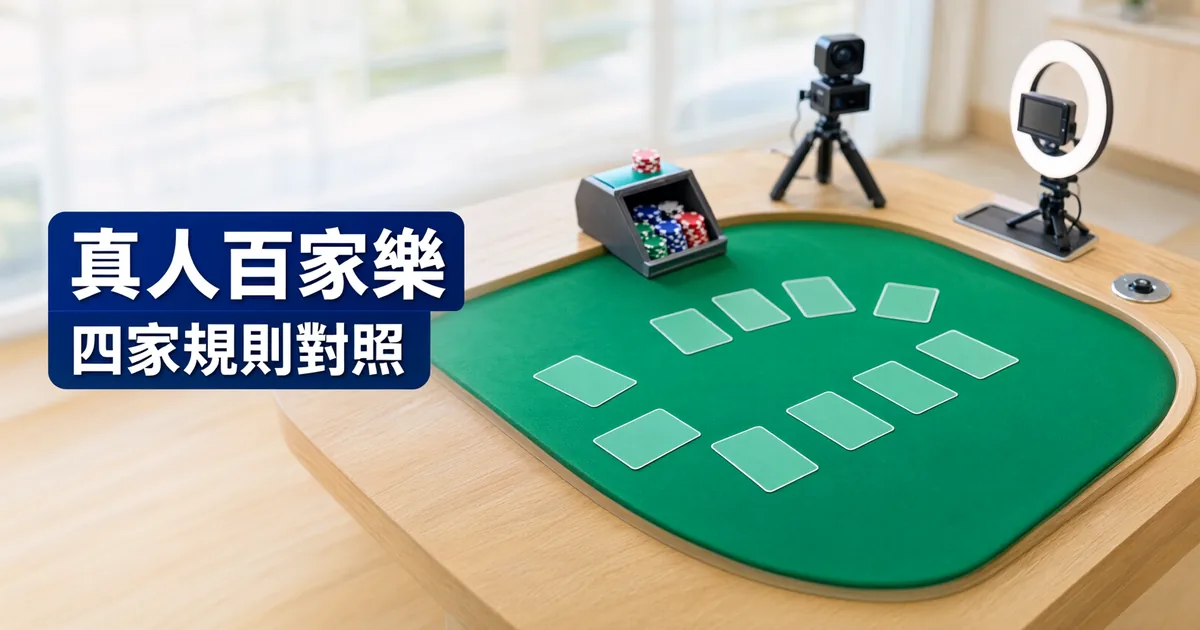 綠色絨布牌桌上排著牌位，旁邊有發牌盒、籌碼、攝影機和環形補光燈，左側標題寫著「真人百家樂」與「四家規則對照」