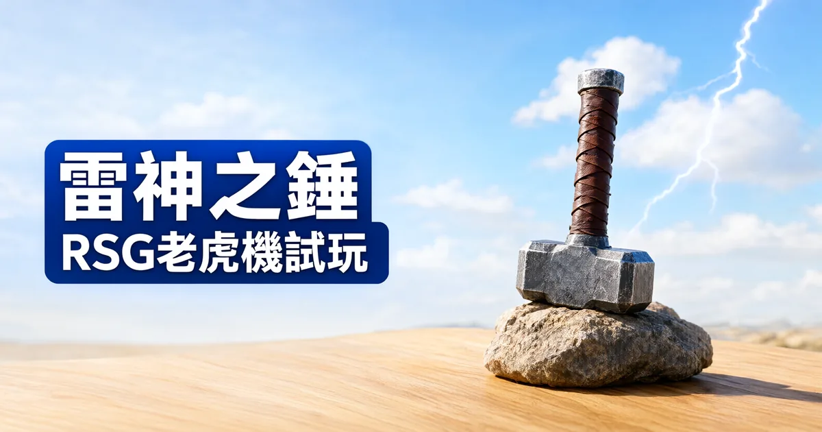 晴空下的木桌上,一把銀色鐵鎚立在石頭上,天空劃過一道閃電,左側藍色標題寫著「雷神之錘」(RSG 官網的寫法)與「RSG老虎機試玩」