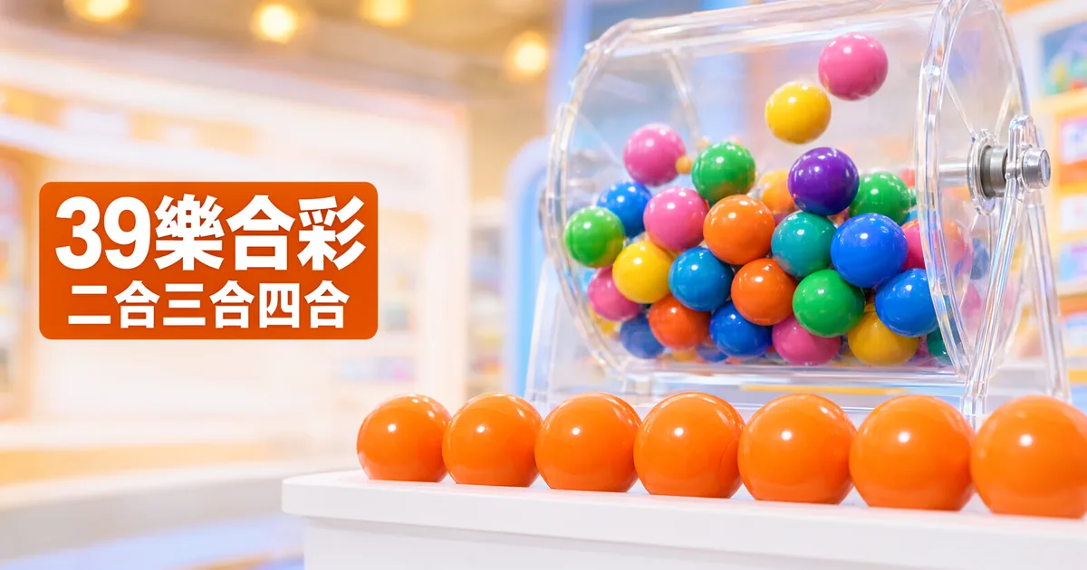 白色檯面上排著一列橘色大彩球，後方是裝滿彩色球的透明搖獎機，左側橘色標題寫著「39樂合彩」與「二合三合四合」