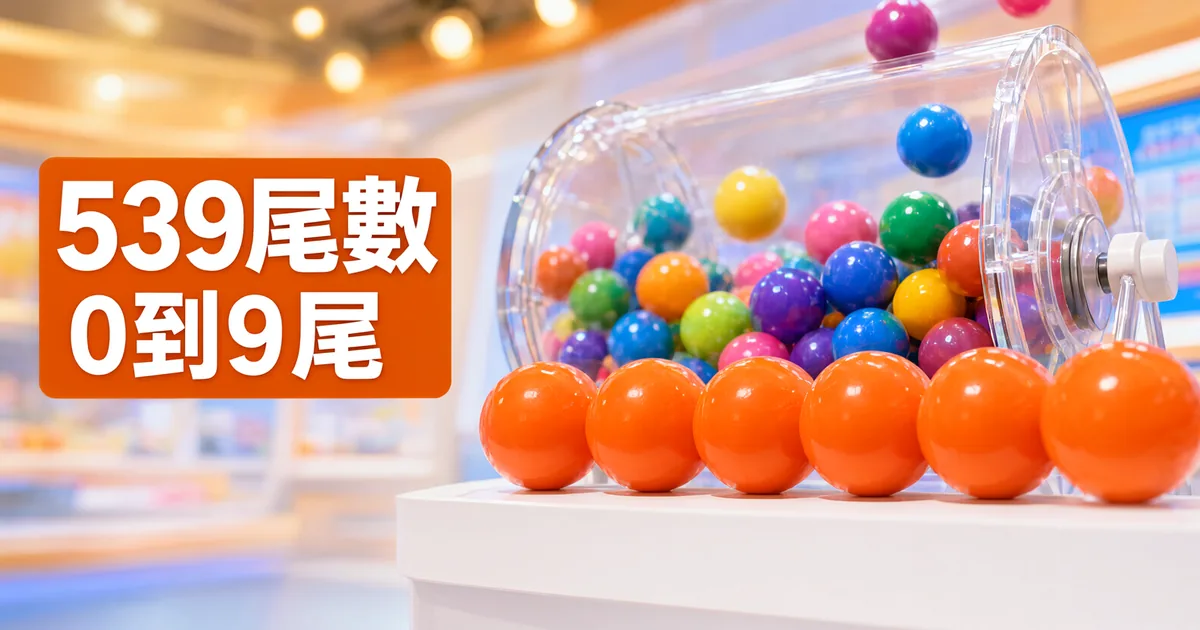 白色檯面上排著一列橘色大彩球,後方是裝滿彩色球的透明搖獎機,左側橘色標題寫著「539尾數」與「0到9尾」