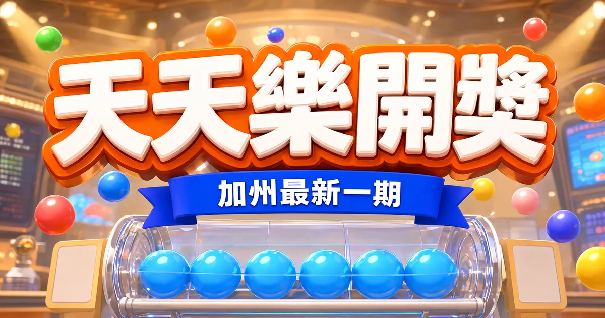 天天樂開獎封面：燈光明亮的開獎攝影棚，彩球在空中飛，上方是立體大字「天天樂開獎」和緞帶「加州最新一期」