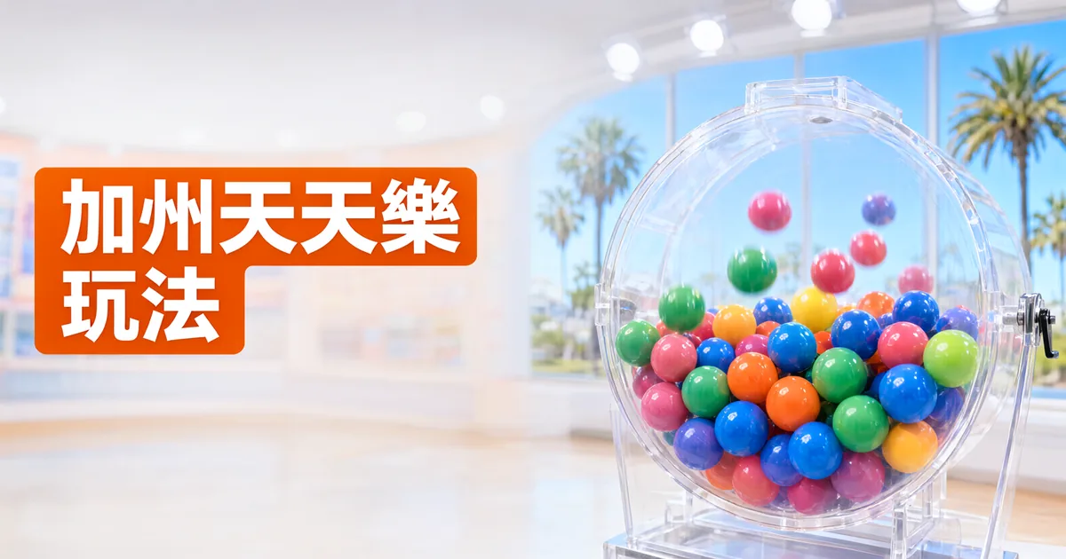 窗外有棕櫚樹的明亮開獎室裡,一個透明搖獎機裝滿彩色彩球,左側橘色標題寫著「加州天天樂」與「玩法」