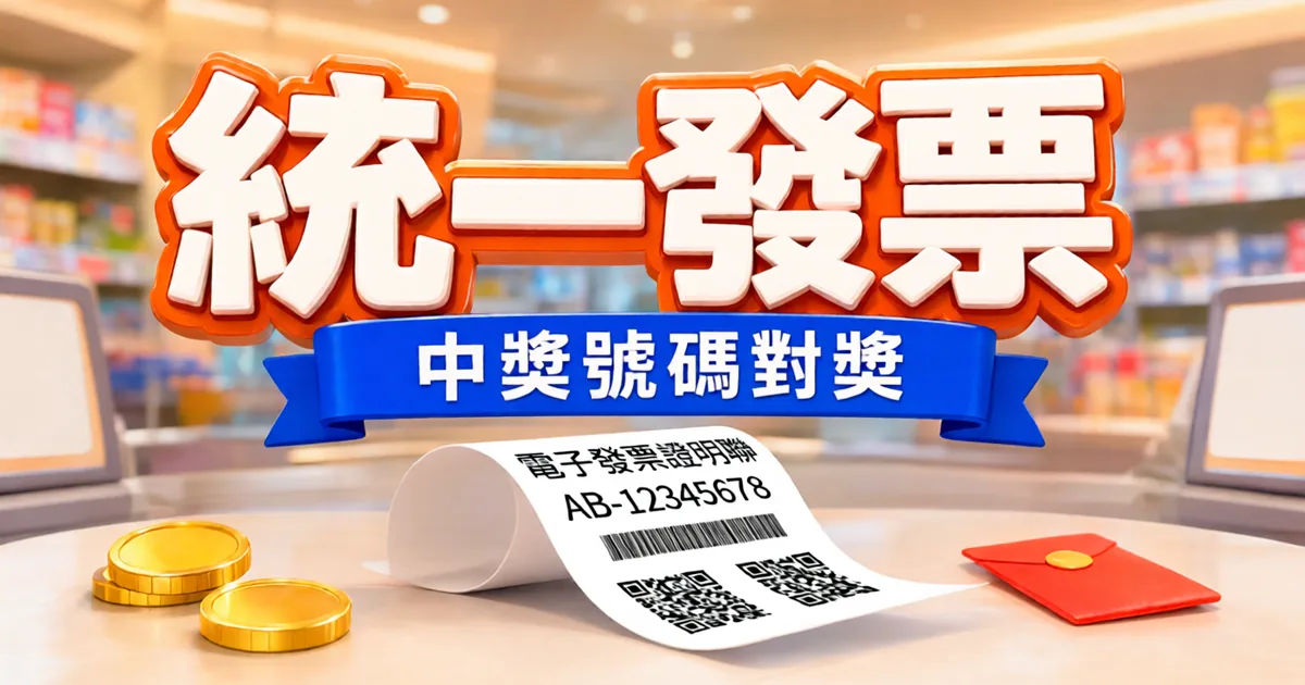 統一發票封面：便利商店櫃台上一張電子發票證明聯、金幣和紅包，上方是立體大字「統一發票」和藍色緞帶「中獎號碼對獎」