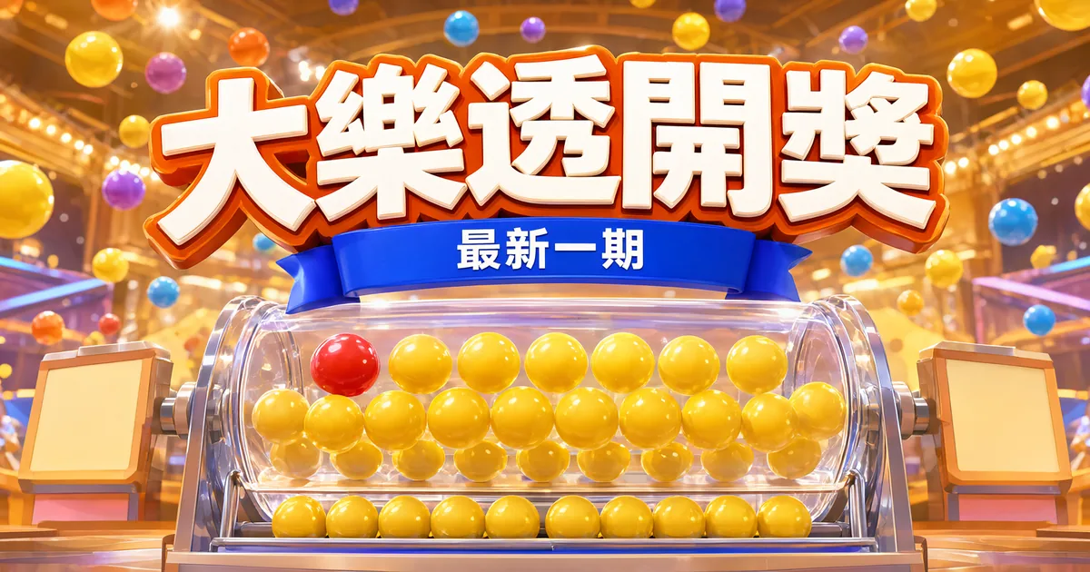 大樂透開獎封面：燈光明亮的開獎攝影棚，彩球在空中飛，上方是立體大字「大樂透開獎」和緞帶「最新一期」