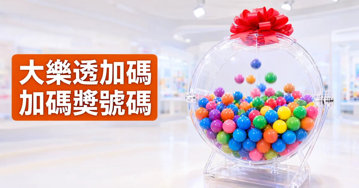 明亮的開獎室裡，一個綁著紅色蝴蝶結的透明搖獎機裝滿彩色彩球，左側橘色標題寫著「大樂透加碼」與「加碼獎號碼」