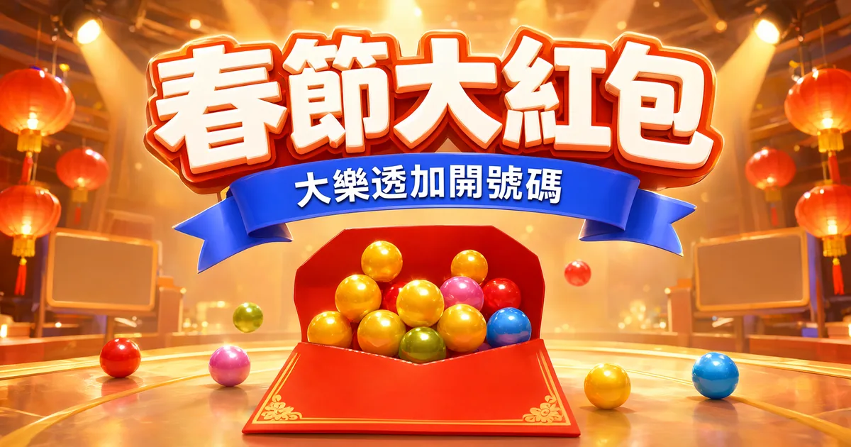 春節大紅包封面：開獎攝影棚裡掛著紅燈籠，打開的紅包裡裝滿金色和彩色樂透球，上方是立體大字「春節大紅包」和緞帶「大樂透加開號碼」