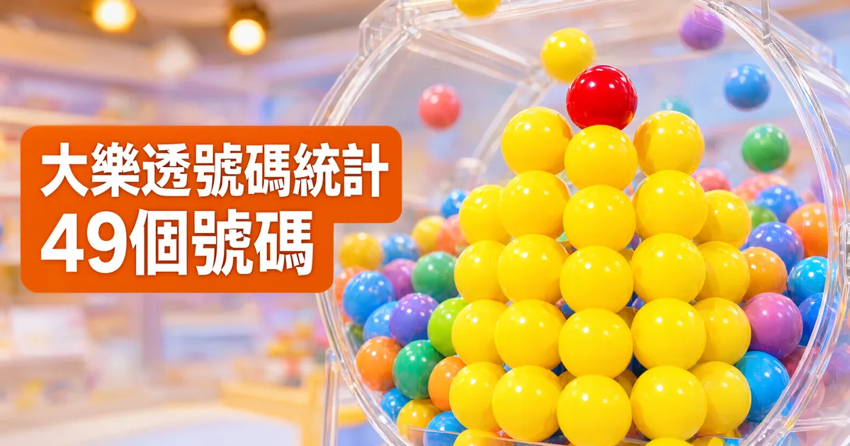 黃色彩球在透明搖獎機前疊成金字塔，頂端是一顆紅球，左側橘色標題寫著「大樂透號碼統計」與「49個號碼」