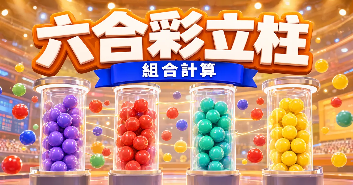 四根透明圓柱分別裝滿紫、紅、綠、黃色彩球，上方橘色立體標題寫著「六合彩立柱」，藍色緞帶寫著「組合計算」