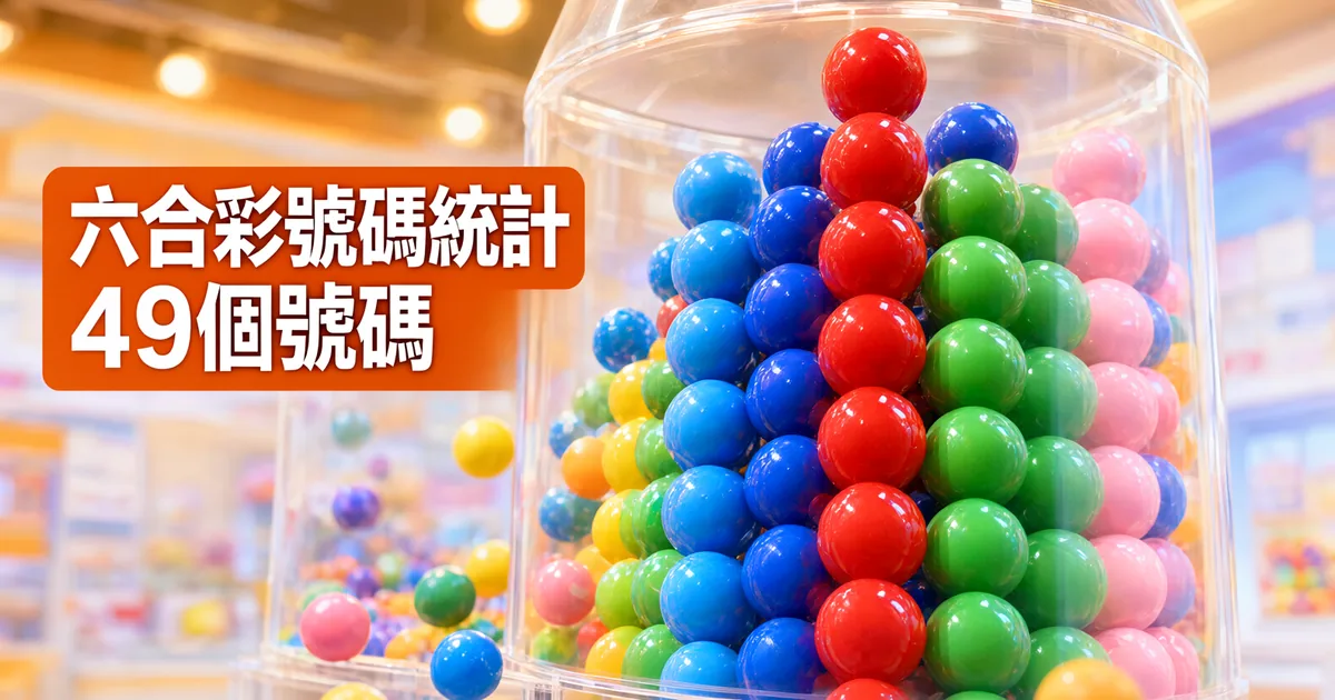透明罐裡的紅藍綠等彩球疊成一根根柱子，左側橘色標題寫著「六合彩號碼統計」與「49個號碼」