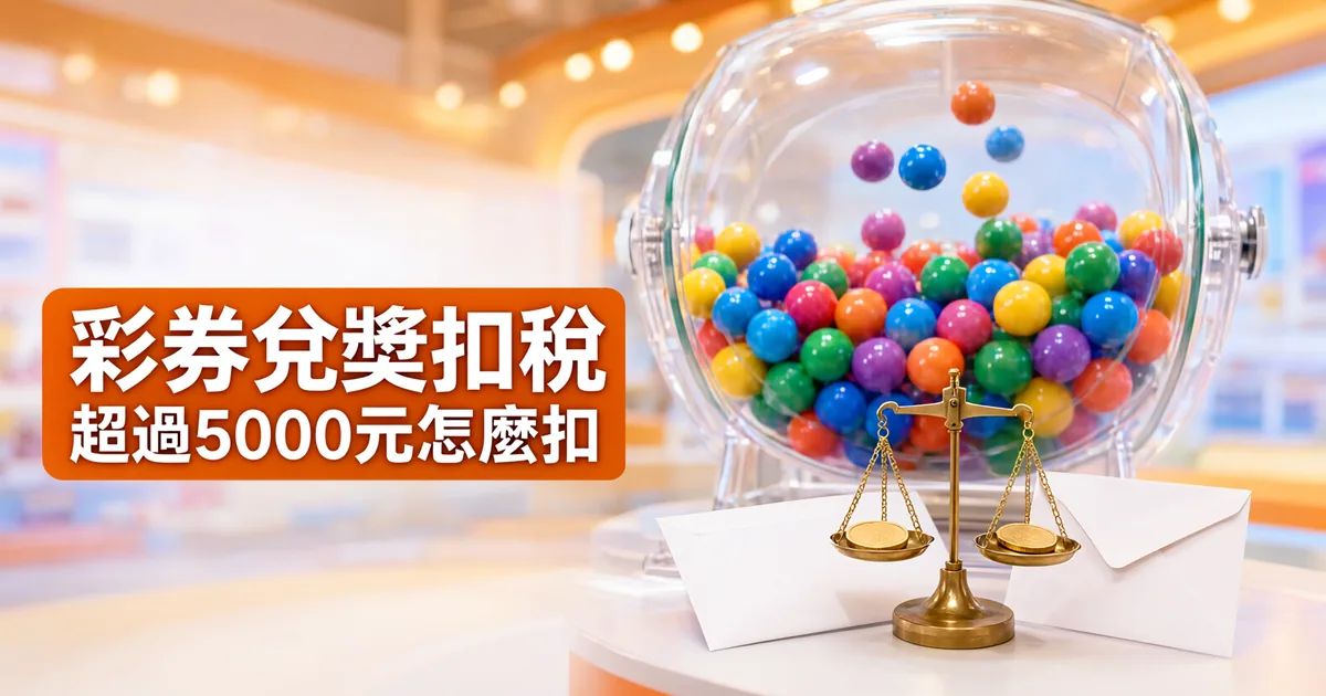 透明搖獎機前放著一座黃銅天秤和兩個白色信封，左側橘色標題寫著「彩券兌獎扣稅」與「超過5000元怎麼扣」