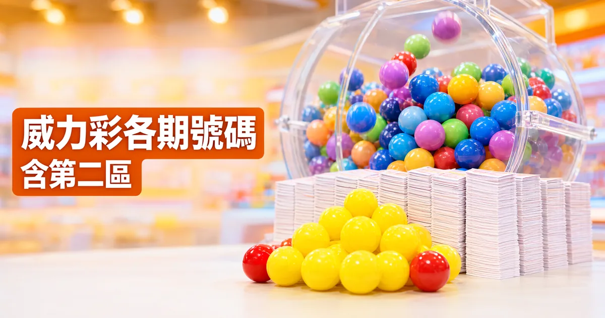 透明搖獎機前疊著一排空白彩券，前方一堆黃色彩球夾著兩顆紅球，左側橘色標題寫著「威力彩各期號碼」與「含第二區」