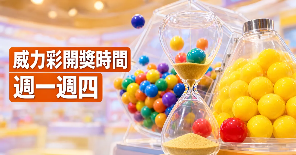 玻璃沙漏立在兩個裝滿彩球的透明搖獎機之間，左側橘色標題寫著「威力彩開獎時間」與「週一週四」