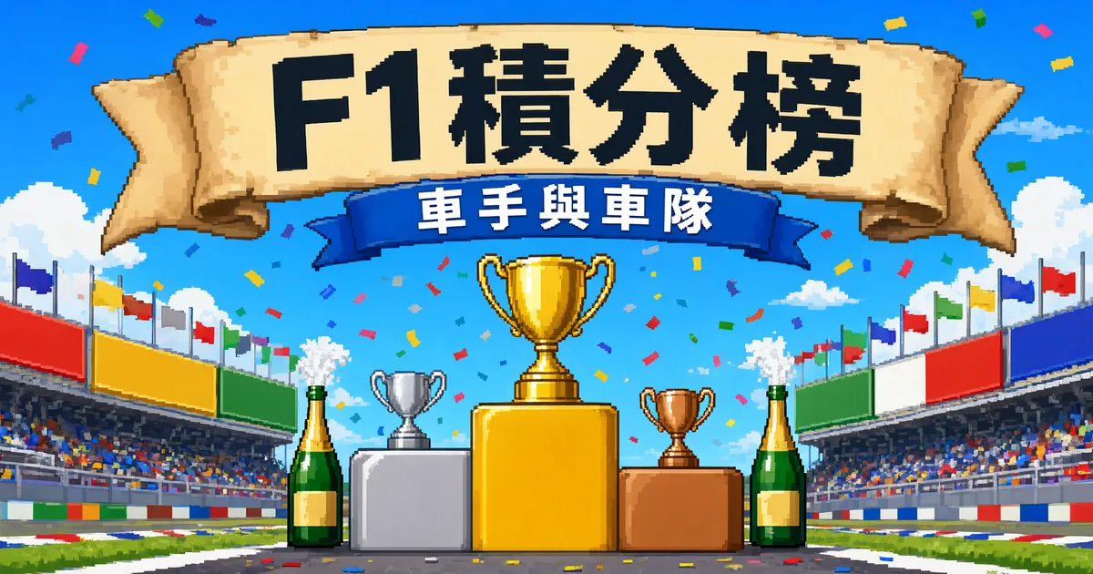 F1 積分榜封面：像素風頒獎台，金銀銅三座獎盃、香檳和彩帶